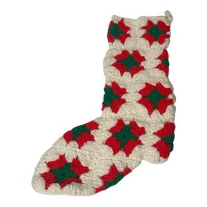 Vintage 1970s Festive Crochet Stocking - Red, Green, and Cream Handmade